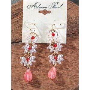 Adrienne Picard Pink Red Clear Glass Gold Tone Dangle Earrings New